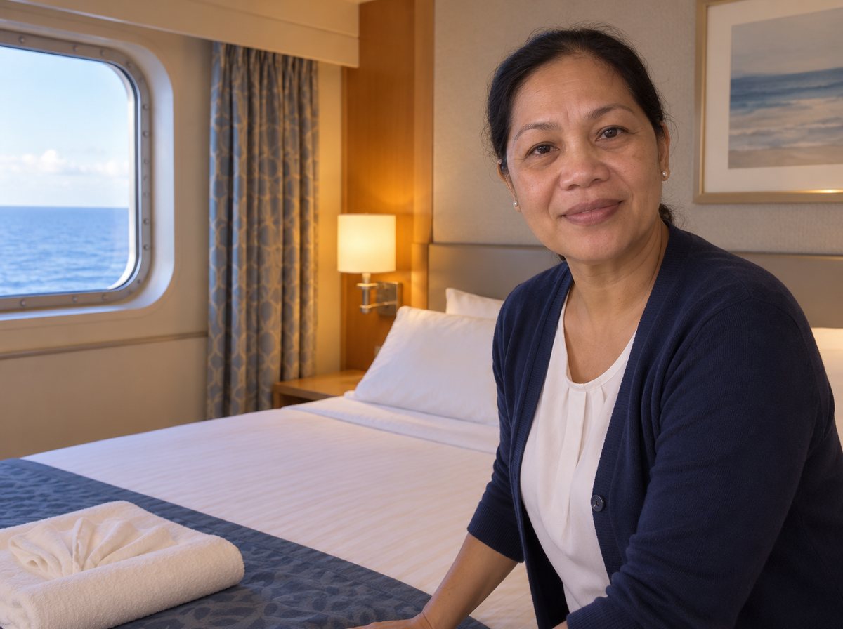 Grace Delgado in a tidy cruise cabin at turndown, the bed freshly made and a porthole behind her