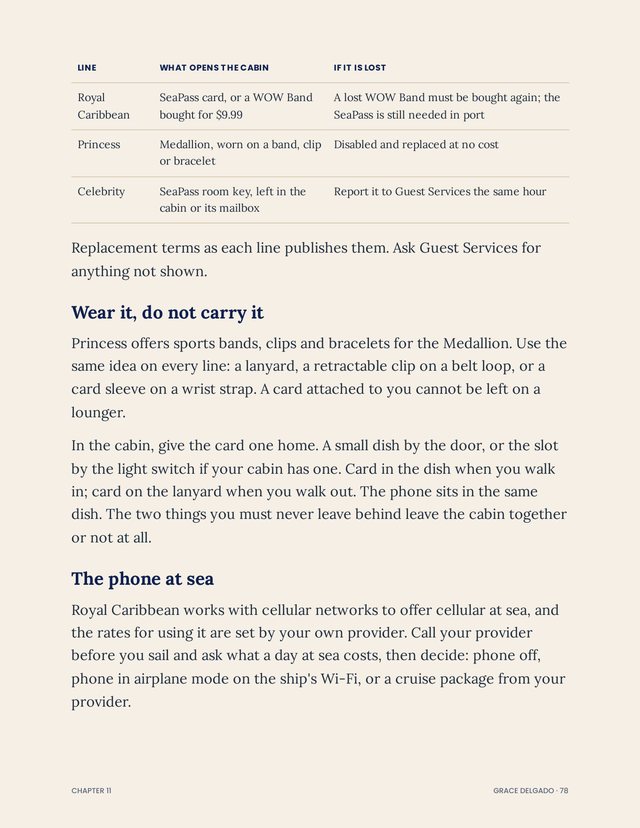 Table from chapter 11 comparing the SeaPass card, WOW Band and Medallion by cruise line, with what happens if each is lost