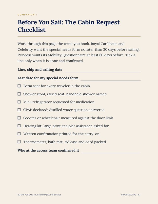 Printable companion page, Before You Sail: The Cabin Request Checklist, with eleven tick lines